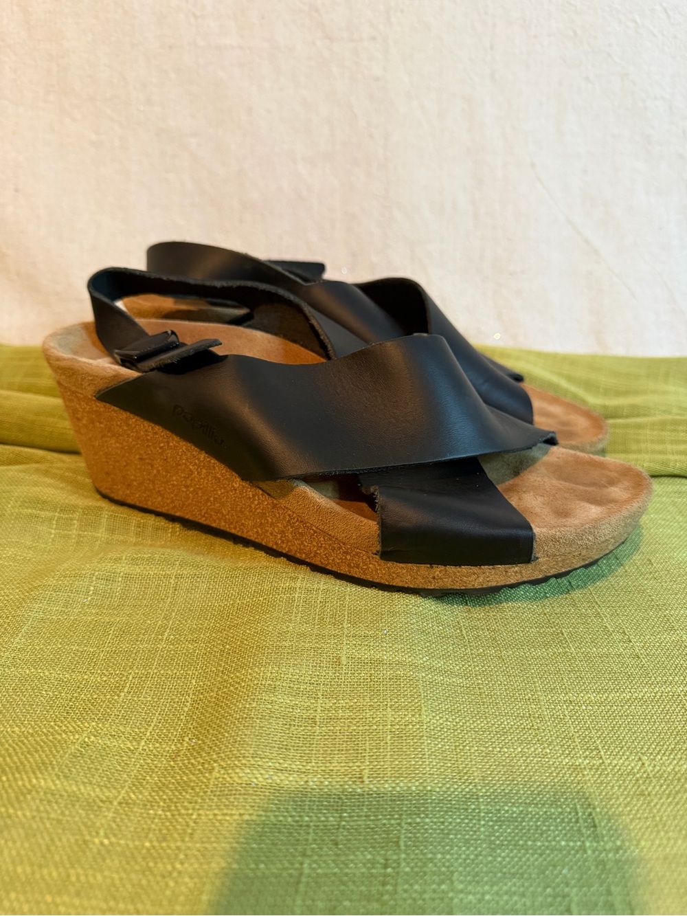 Papillio Black Leather Crisscross Cork Wedge Sandals Size 9 EU 40